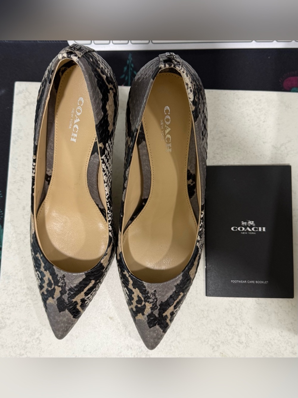 COACH Snake-Print Pointed Toe Pumps in Black and Gray